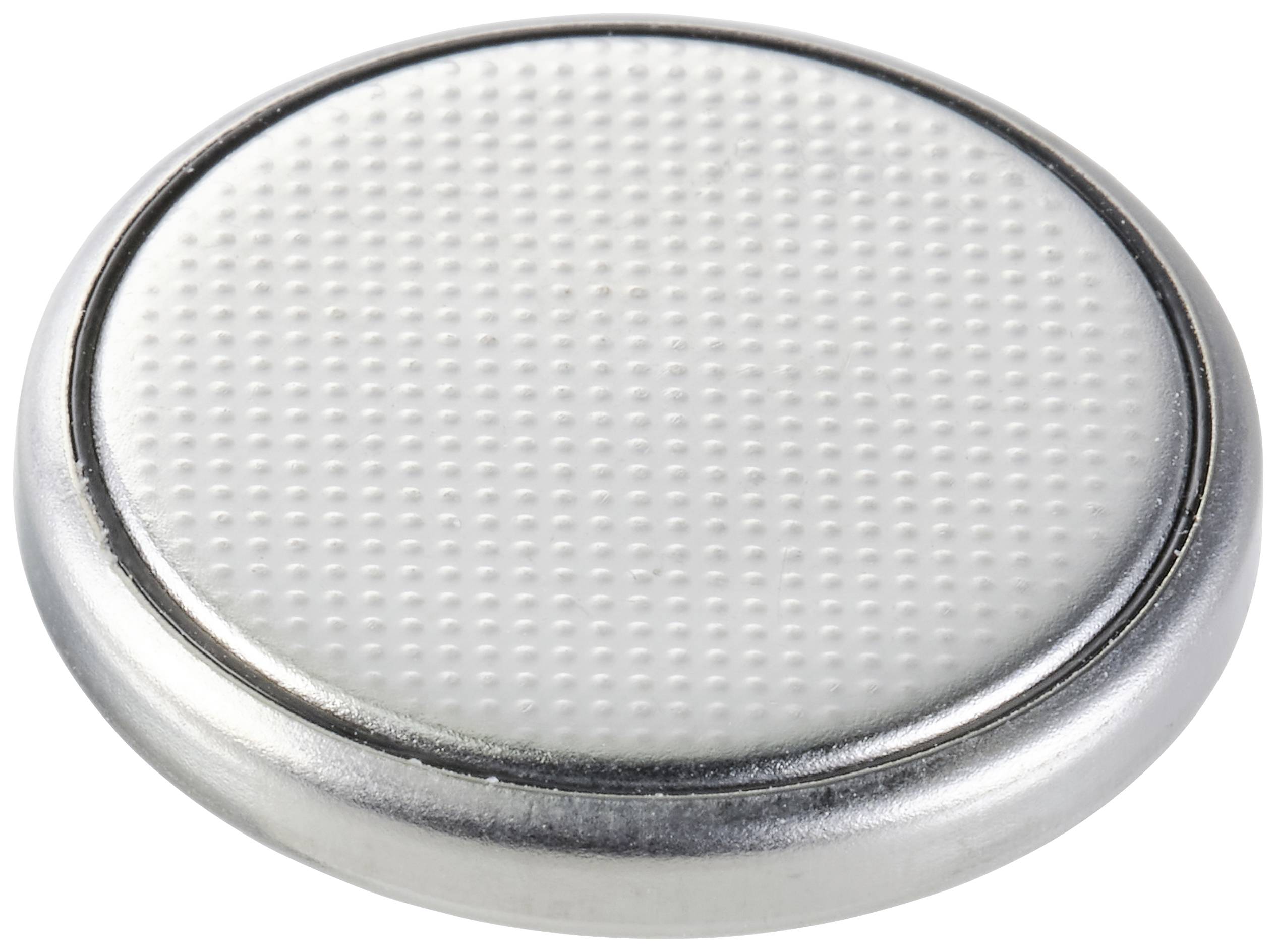 Silberne Knopfzellenbatterie mit strukturierter Oberfläche und glattem Rand.