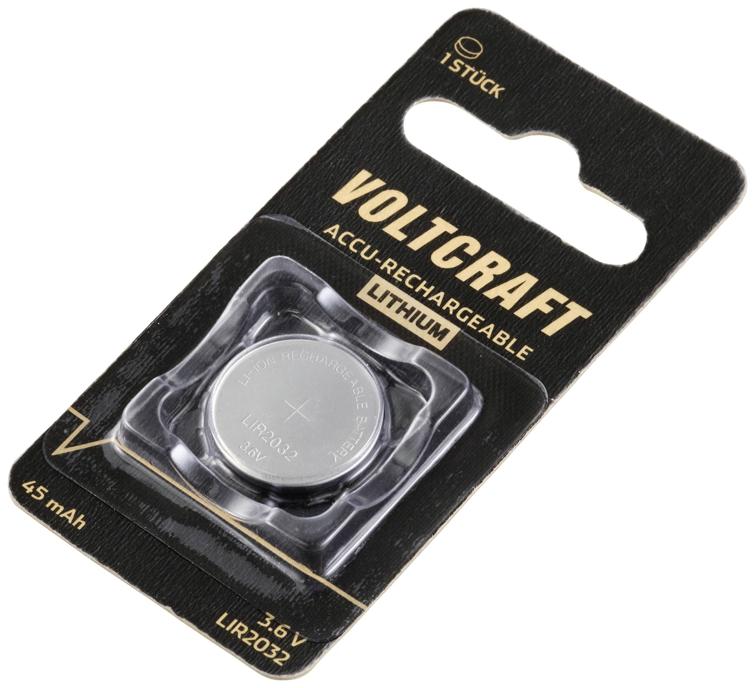 'Voltcraft LIR2032' Lithium-Knopfzelle auf schwarzer Verpackung, wiederaufladbar, 3,6 V, 45 mAh, 1 Stück.