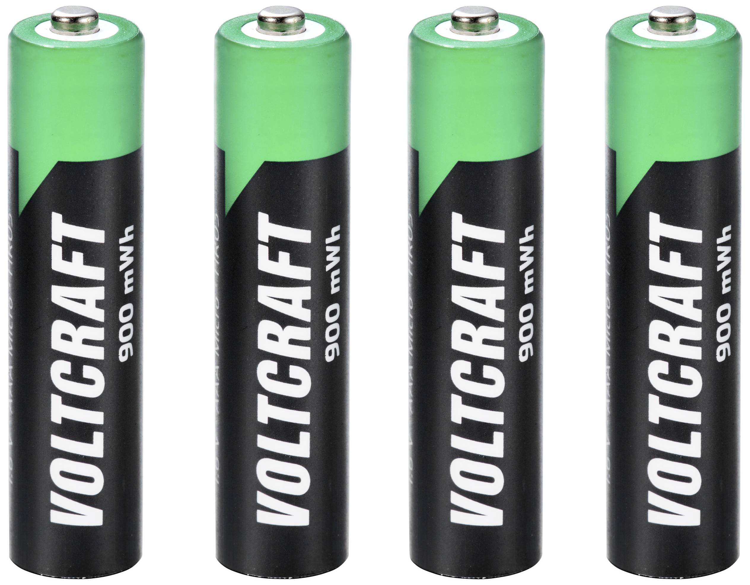 Vier schwarze AAA-Batterien mit der Aufschrift 'Voltcraft 900 mWh', grüne obere Kappe, in einer Reihe.