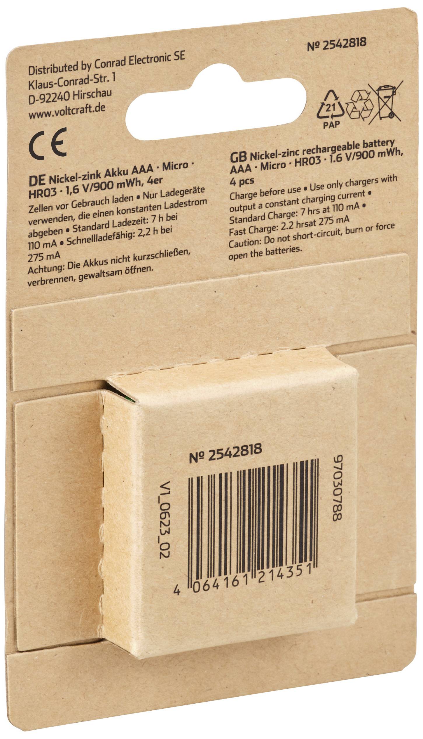 VOLTCRAFT HR03 Micro (AAA)-Akku NiZn 900 mWh/550 mAh 1.6V 4St.