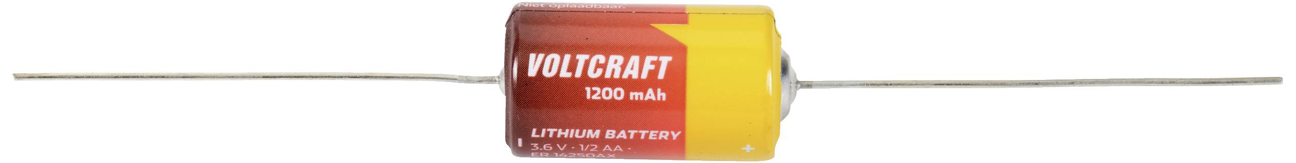 Rote und gelbe zylinderförmige Lithium-Batterie mit der Aufschrift 'Voltcraft 1000 mAh', mit zwei langen Anschlussdrähten.