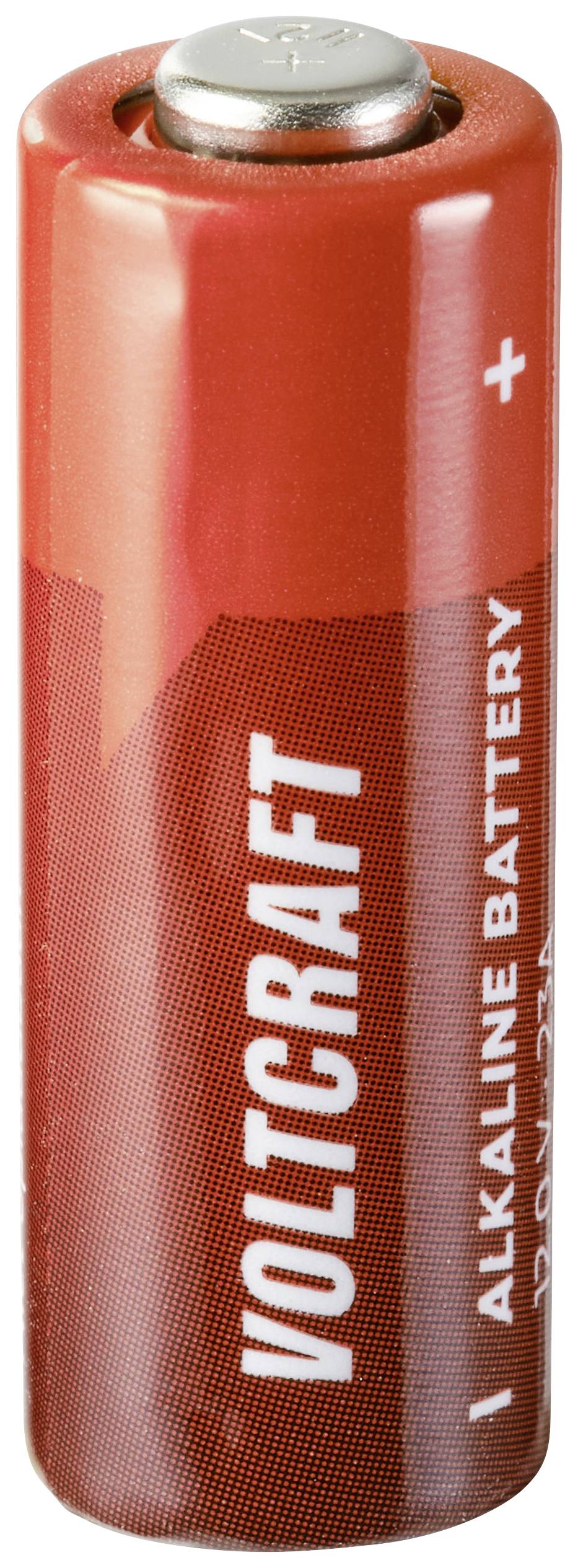 Eine rote Alkali-Batterie der Marke Voltcraft, stehend mit sichtbarem Plus-Pol oben.