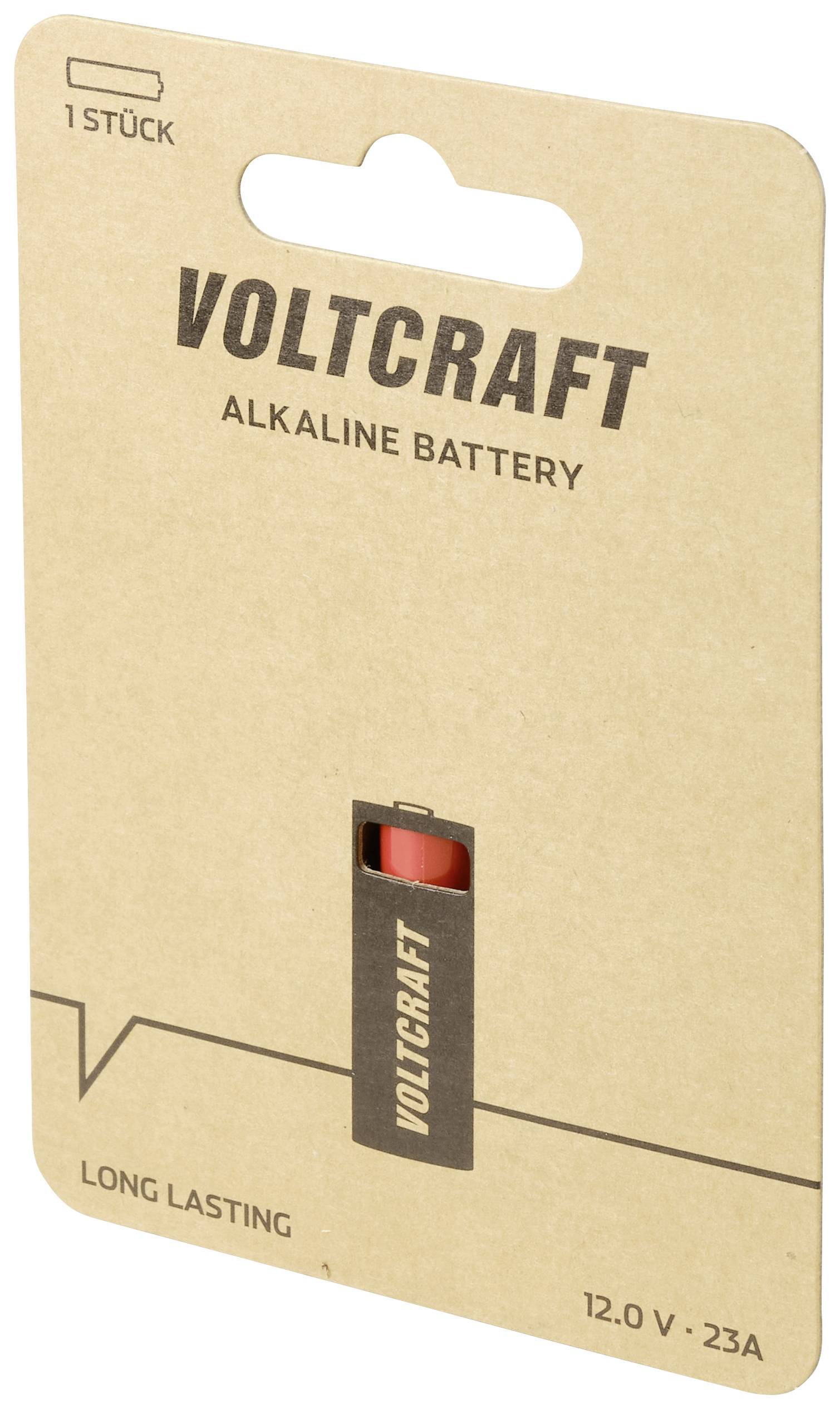 Alkalinebatterie Voltcraft 12,0 V – 23A, 1 Stück, lange Lebensdauer, auf brauner Pappkarte verpackt.