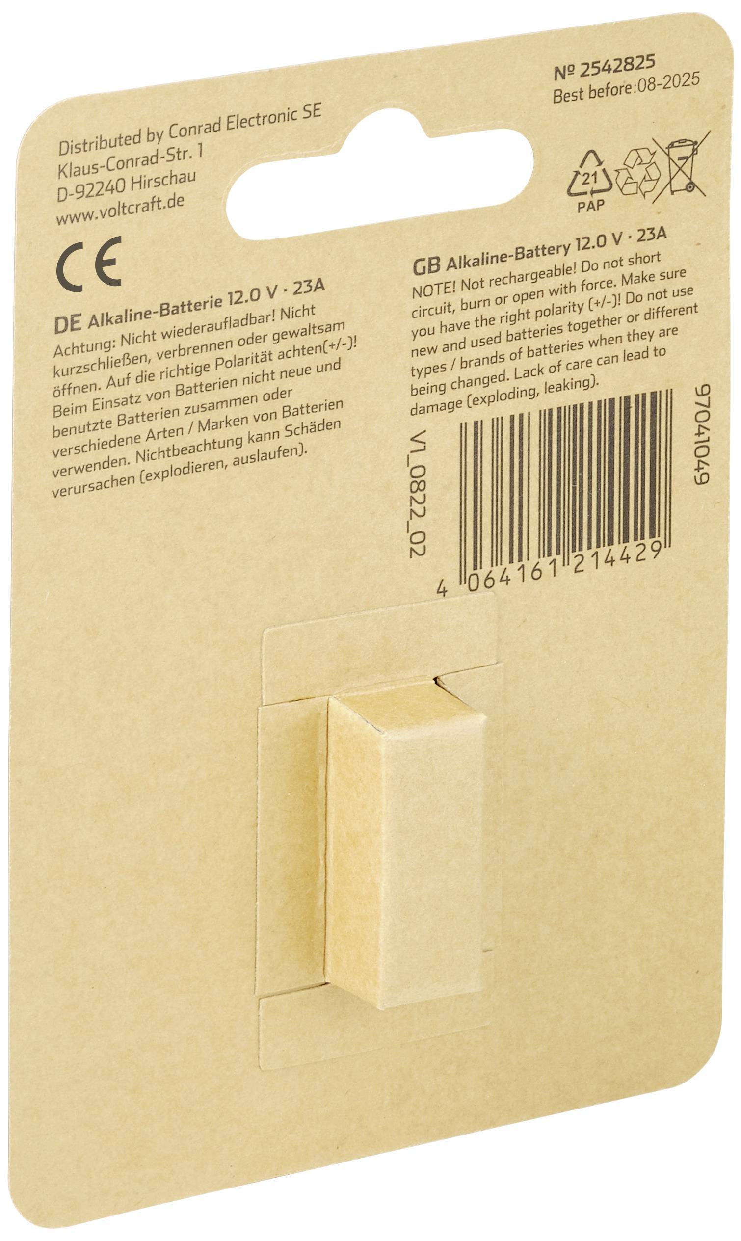 'Conrad Electronic' Batteriepackung, 12.0 V, Alkaline-Batterie, Model V23A. Enthält Warnhinweise und Infos auf Deutsch und Englisch.