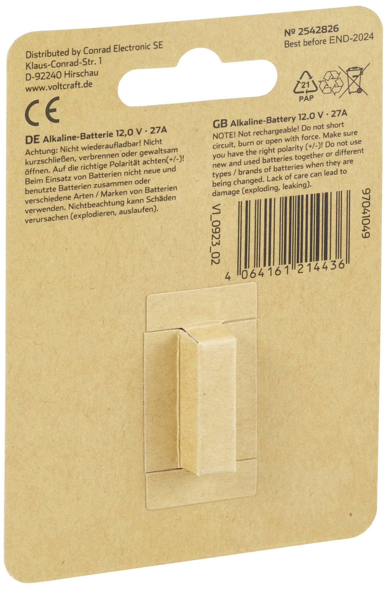 Rückseite einer Verpackung einer 12V Alkaline-Batterie. Enthält Herstellerinformationen, Warnhinweise und Barcodes.