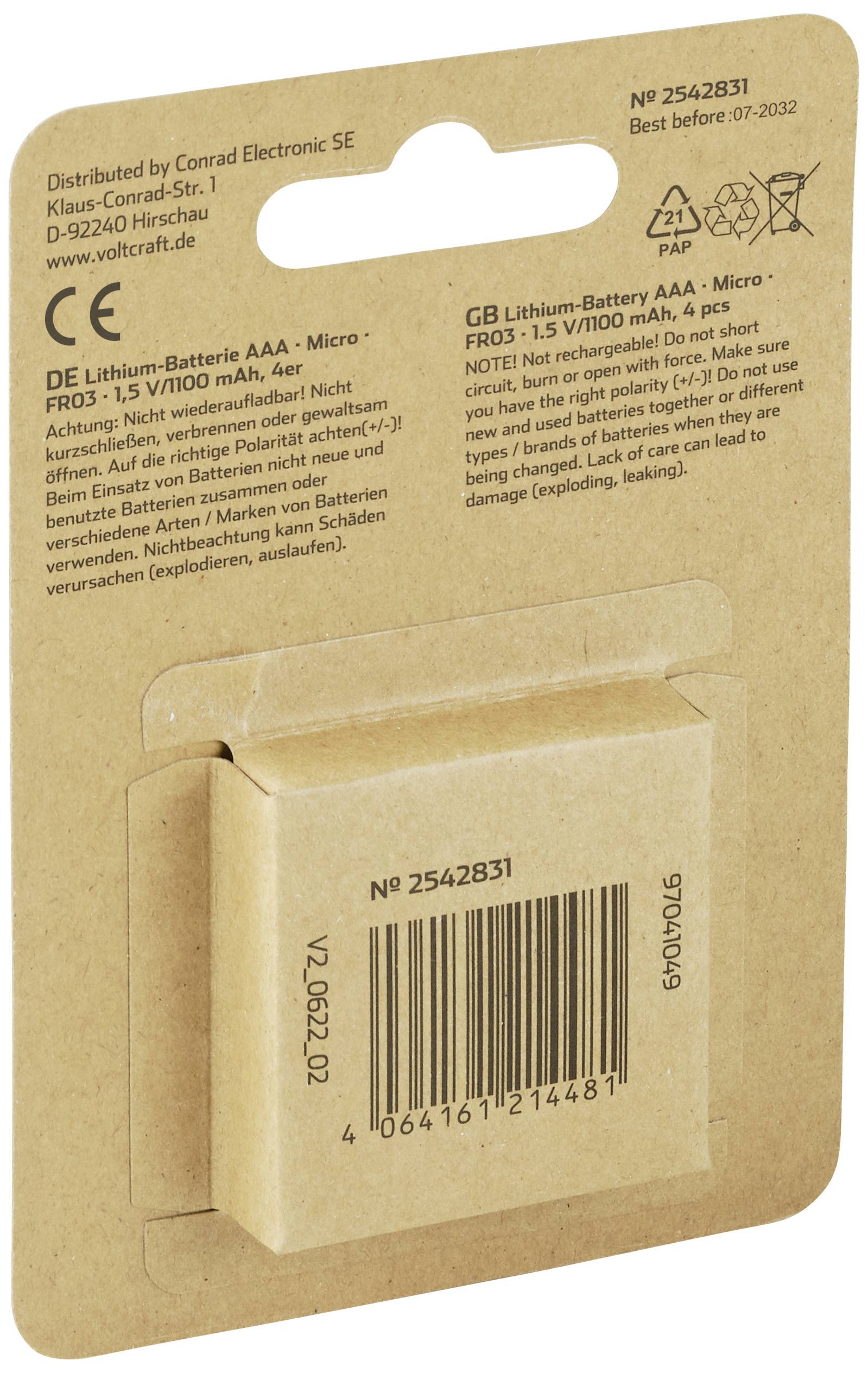'Lithium-Batterie AAA, 1,5 V/1000 mAh, 4er Pack. Hergestellt von Conrad Electronic SE.' Verpackungsrückseite mit Barcode.