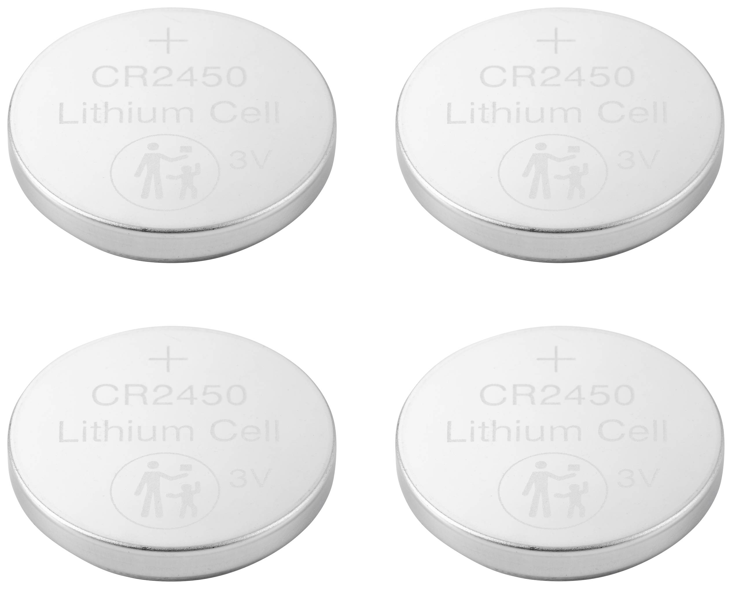 Vier CR2450 Lithiumzellen-Batterien, jeweils 3V, in quadratischer Anordnung.