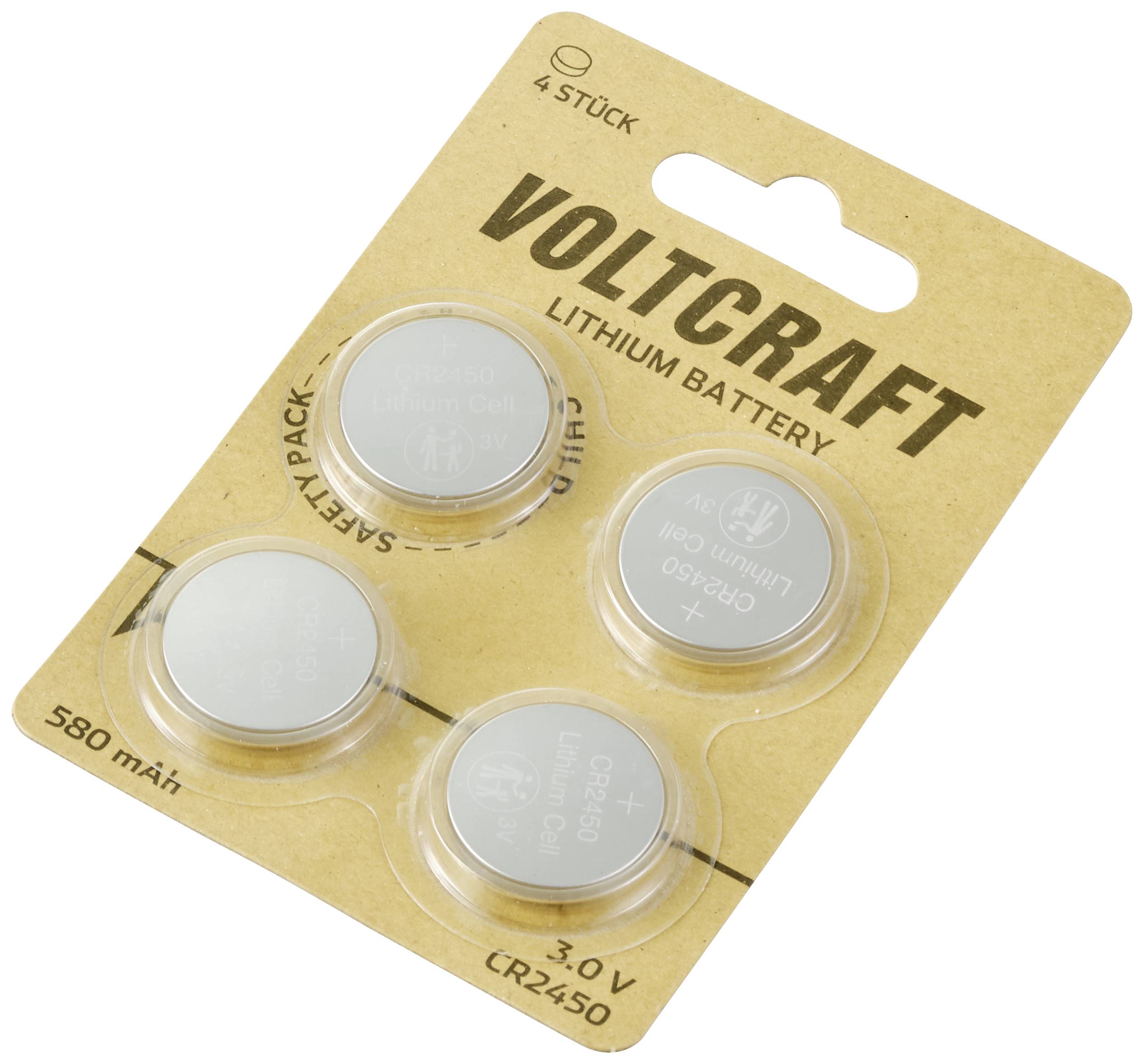 Vier CR2450 Lithium-Batterien von VOLTCRAFT auf einer Kartonverpackung, 3,0V, 580mAh, geeignet für elektronische Geräte.