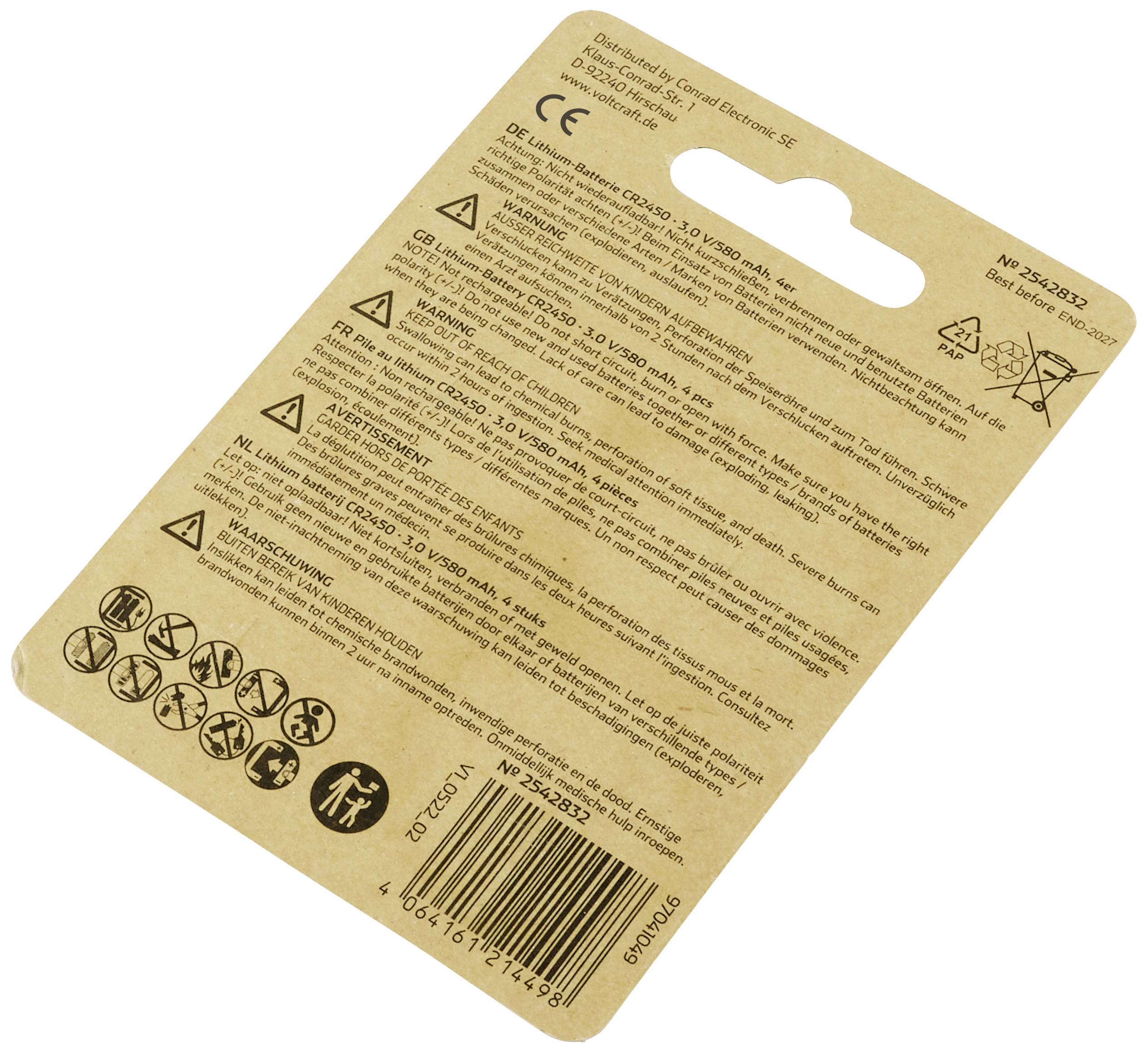 Rückseite einer Verpackung mit Sicherheitshinweisen, Symbolen für Recycling, CE-Zeichen und Barcode. Enthält Produktinformationen in mehreren Sprachen.