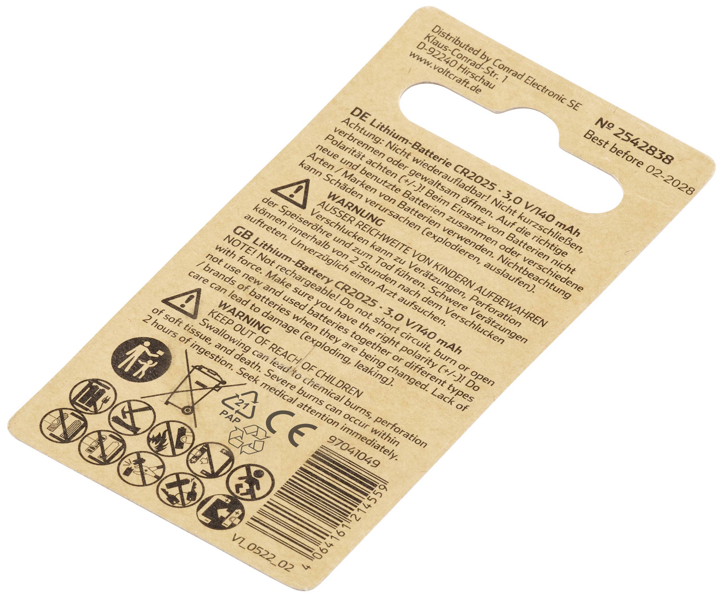 Rückseite einer Batterie-Verpackung mit Warnhinweisen, Gebrauchsanleitung und Herstellerinformationen. Haltbarkeitsdatum: 02-2028.
