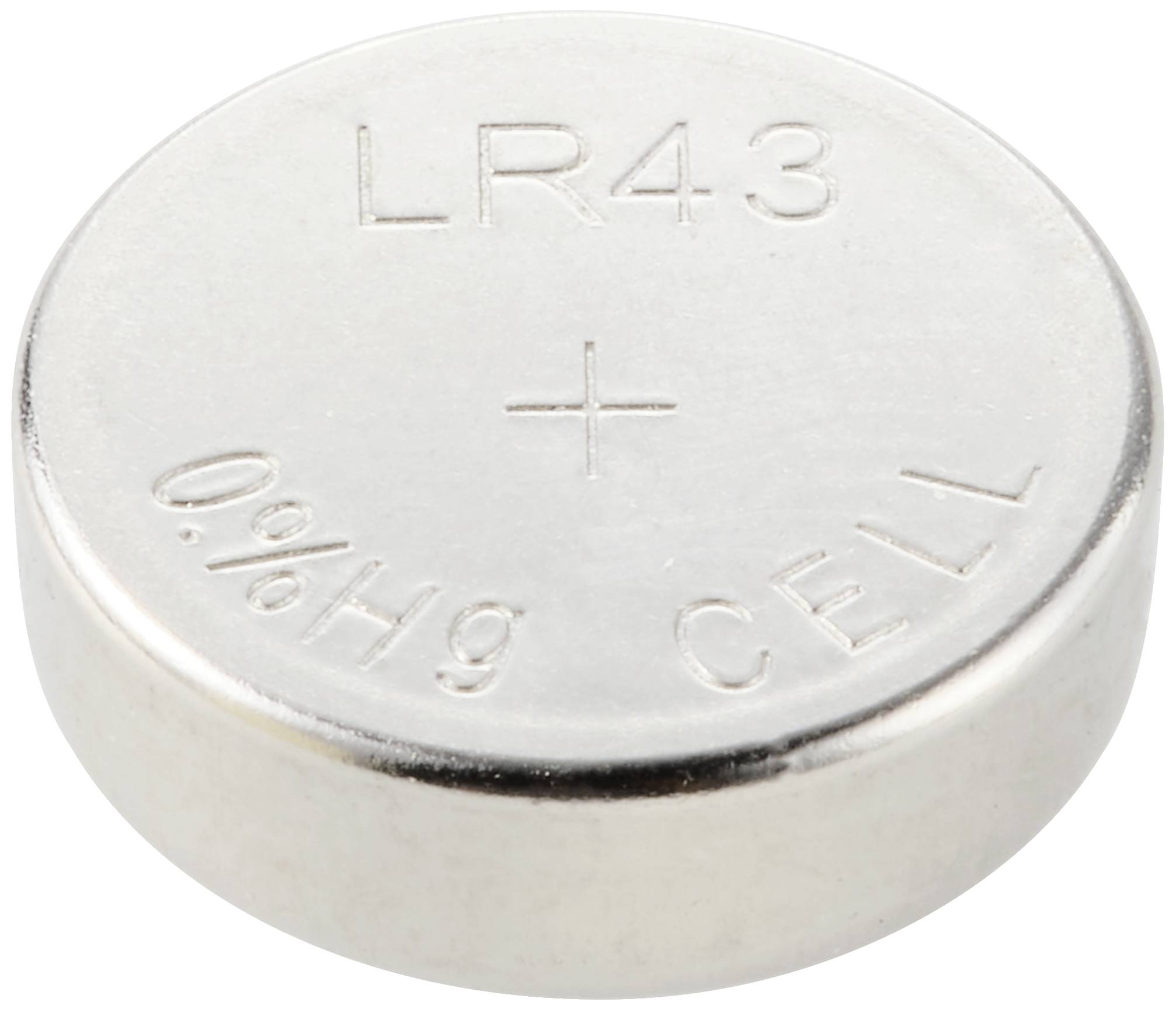 Silberne Knopfzellenbatterie mit der Aufschrift 'LR43 0%Hg CELL'.