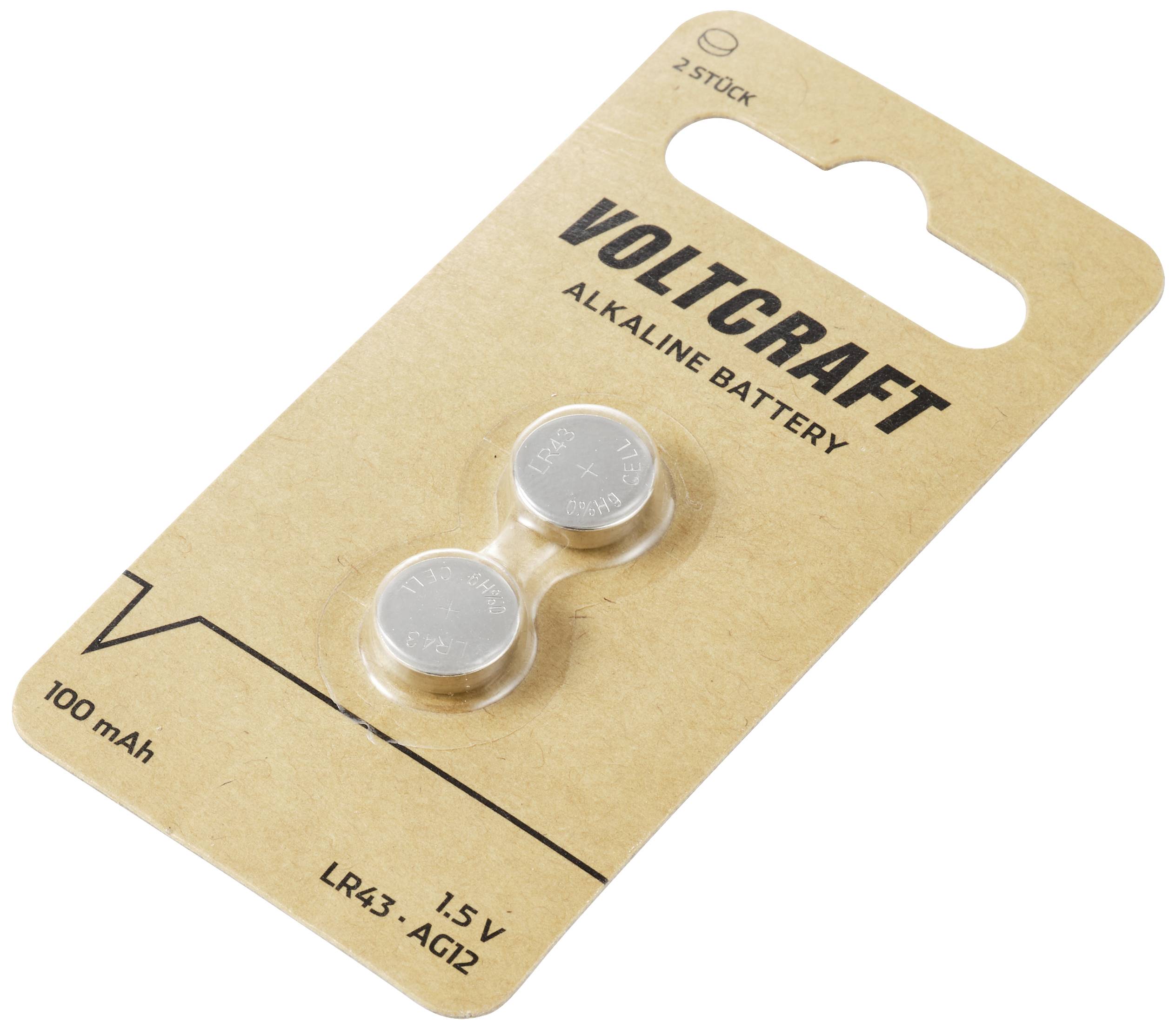 Zwei Silberoxid-Knopfzellen 'LR43' auf Pappkarte, 1,5V, Marke 'Voltcraft', 100mAh, für elektronische Geräte.
