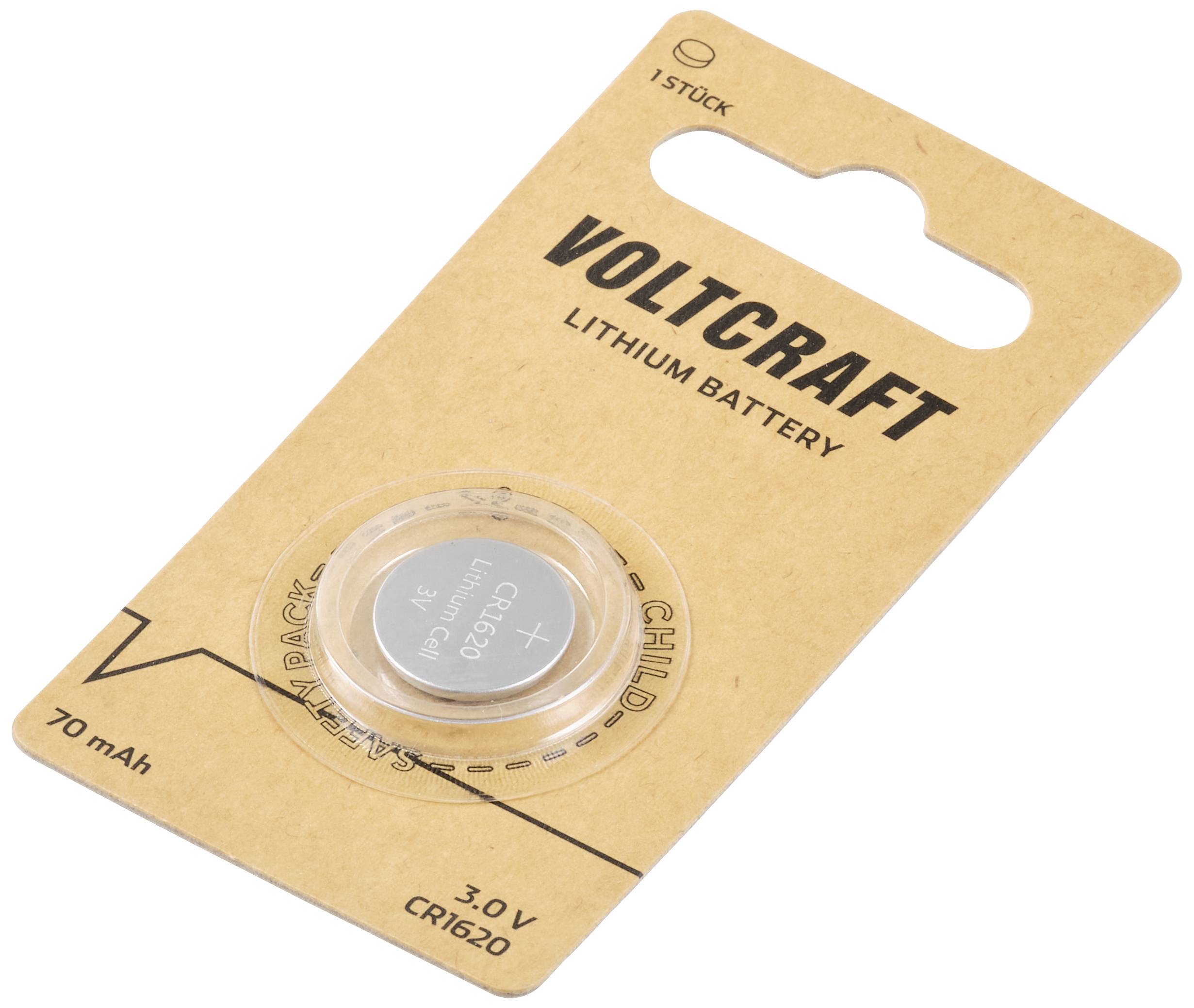 Eine Lithiumbatterie im Blisterpack mit der Aufschrift 'VOLTCRAFT CR1620 3.0V'. Verpackung zeigt 70 mAh Kapazität und '1 Stück'.