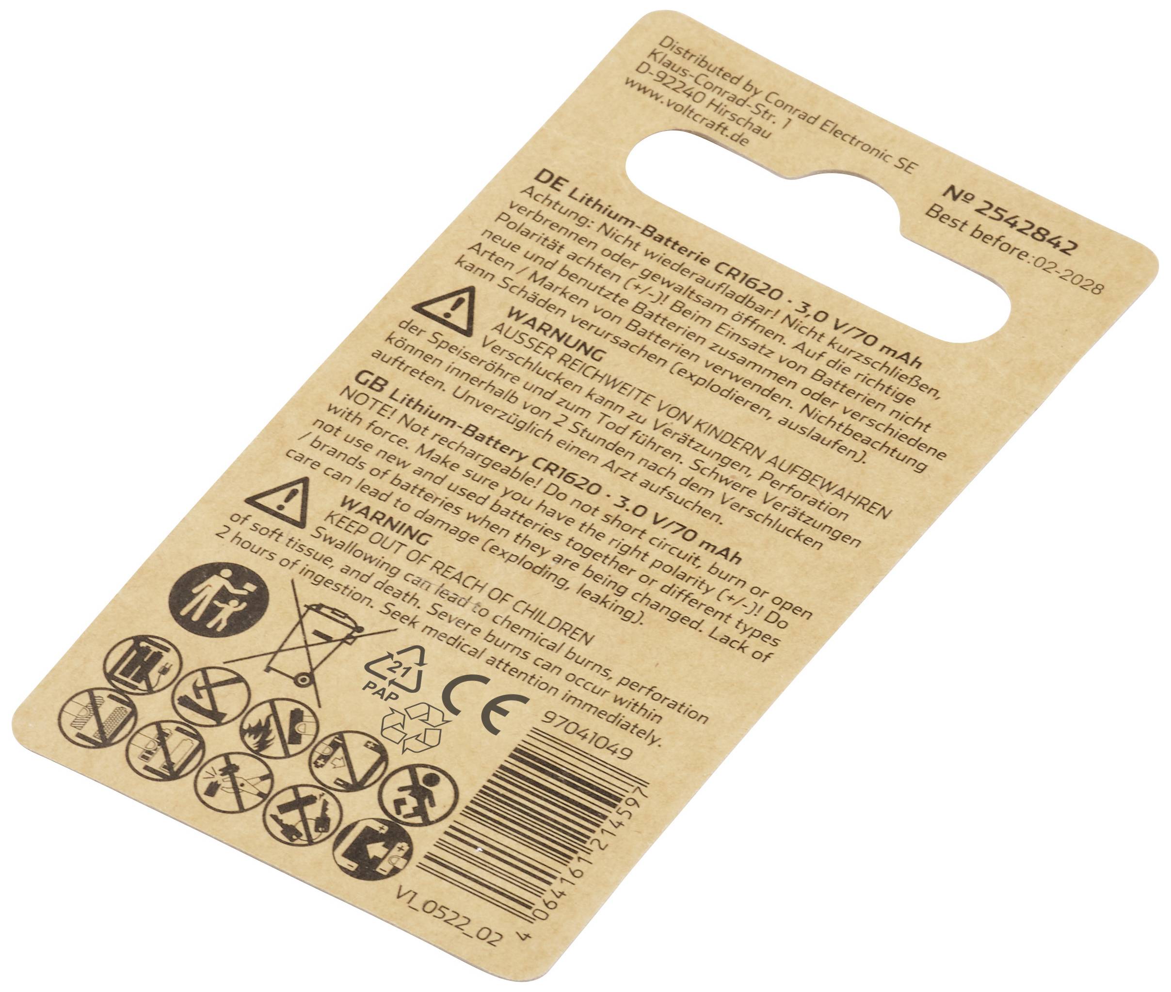 Rückseite einer Batterieverpackung mit Warnhinweisen in mehreren Sprachen, Nummer, Strichcode und Haltbarkeitsdatum: 02-2028.