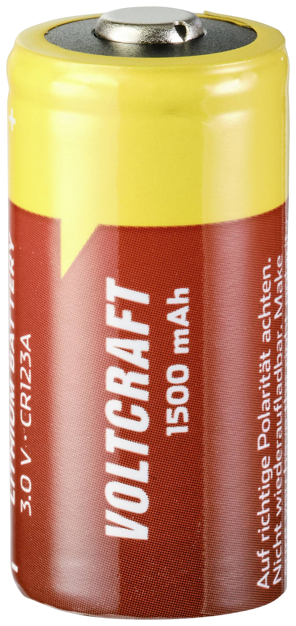 Eine gelb-rote Batterie der Marke Voltcraft mit 1500 mAh Kapazität.