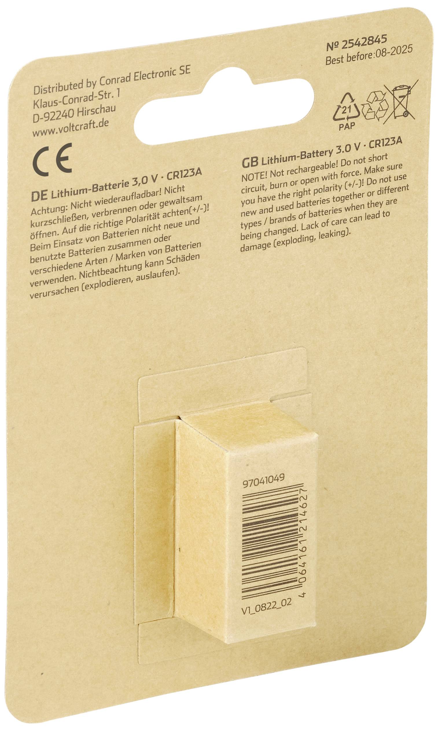 VOLTCRAFT CR123A Fotobatterie CR-123A Lithium 1500 mAh 3V 1St.