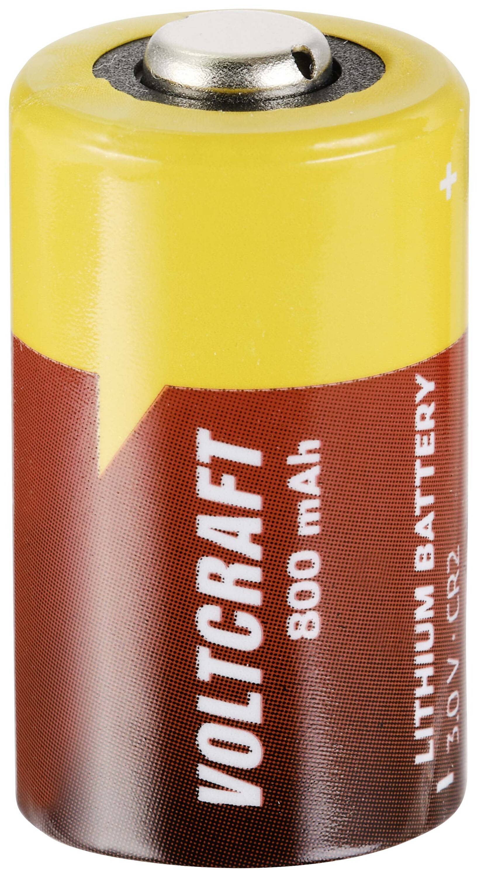 Lithium-Batterie 3V, Marke 'Voltcraft', 800 mAh, CR2-Größe, gelb-brauner Farbverlauf, positive und negative Pole sichtbar.