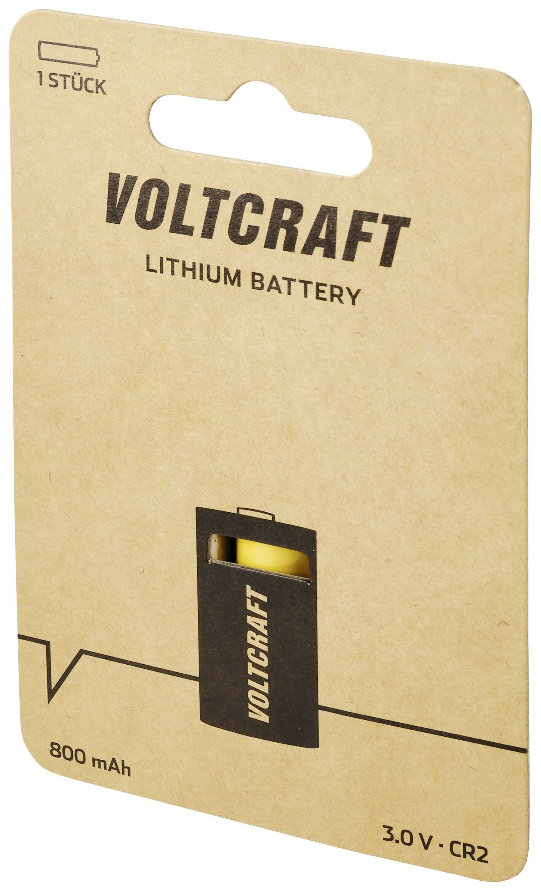 'Voltcraft Lithium-Batterie' Verpackung, 1 Stück, 3.0 V CR2, 800 mAh Kapazität. Verpackung ist braun mit schwarzem Text.
