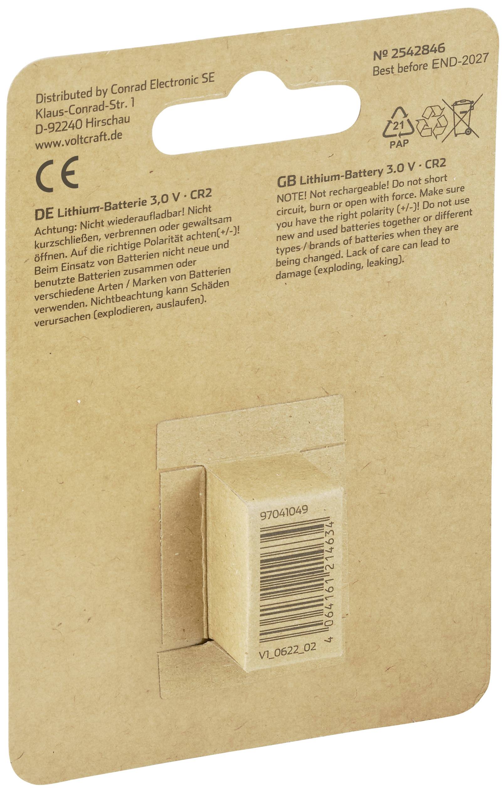 Verpackung einer Lithium-Batterie 3.0 V - CR2. Warnhinweise: Nicht wiederaufladbar, nicht ins Feuer werfen. Hersteller: Conrad Electronic SE.