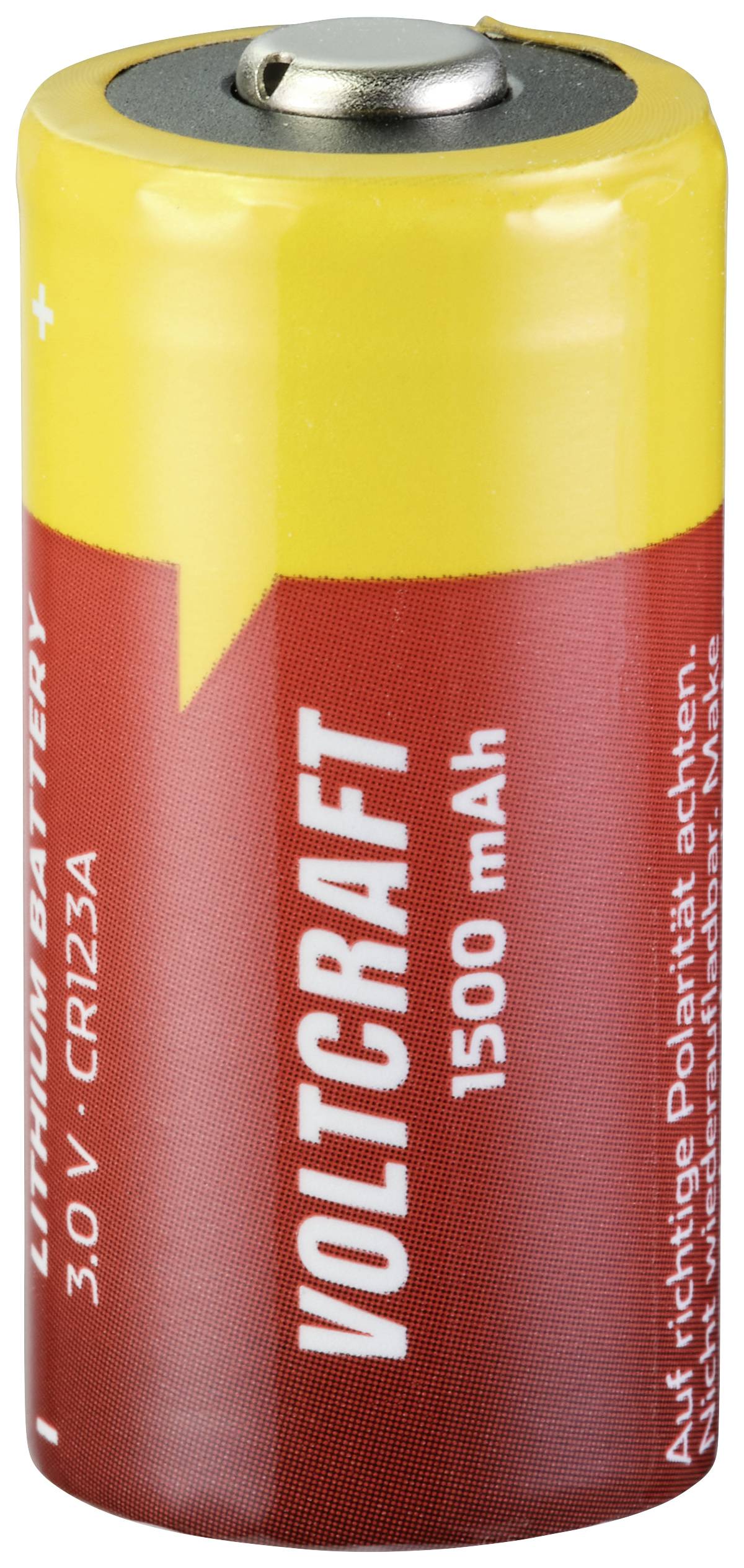 Lithium-Batterie, Marke Voltcraft, 3,0 V CR123A, Kapazität 1500 mAh. Hauptfarben: Gelb und Rot.