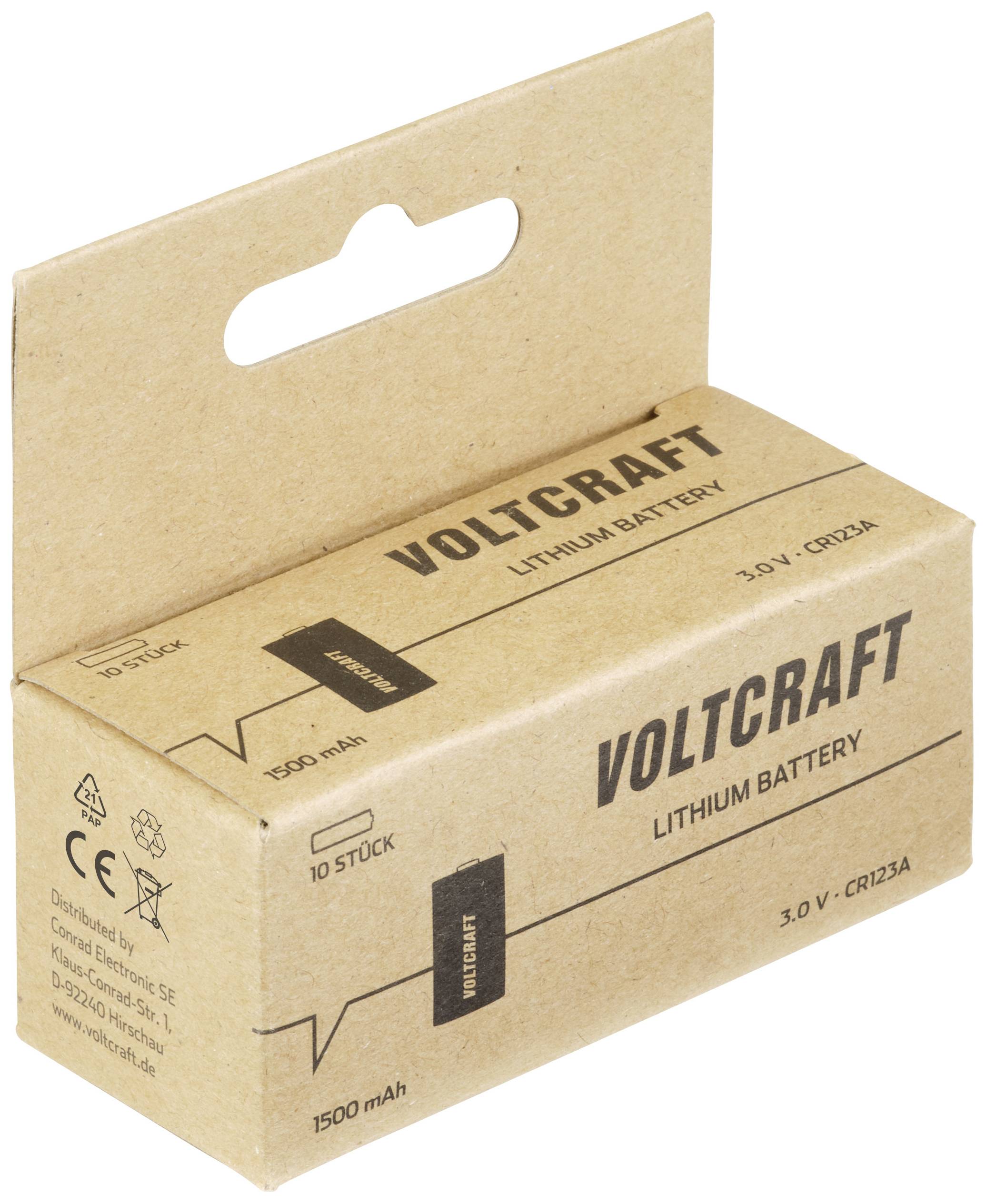 Pappschachtel mit dem Aufdruck 'Voltcraft Lithium Battery, 3.0V CR123A, 1500 mAh'. Zeigt technische Symbole und Markenlogo.