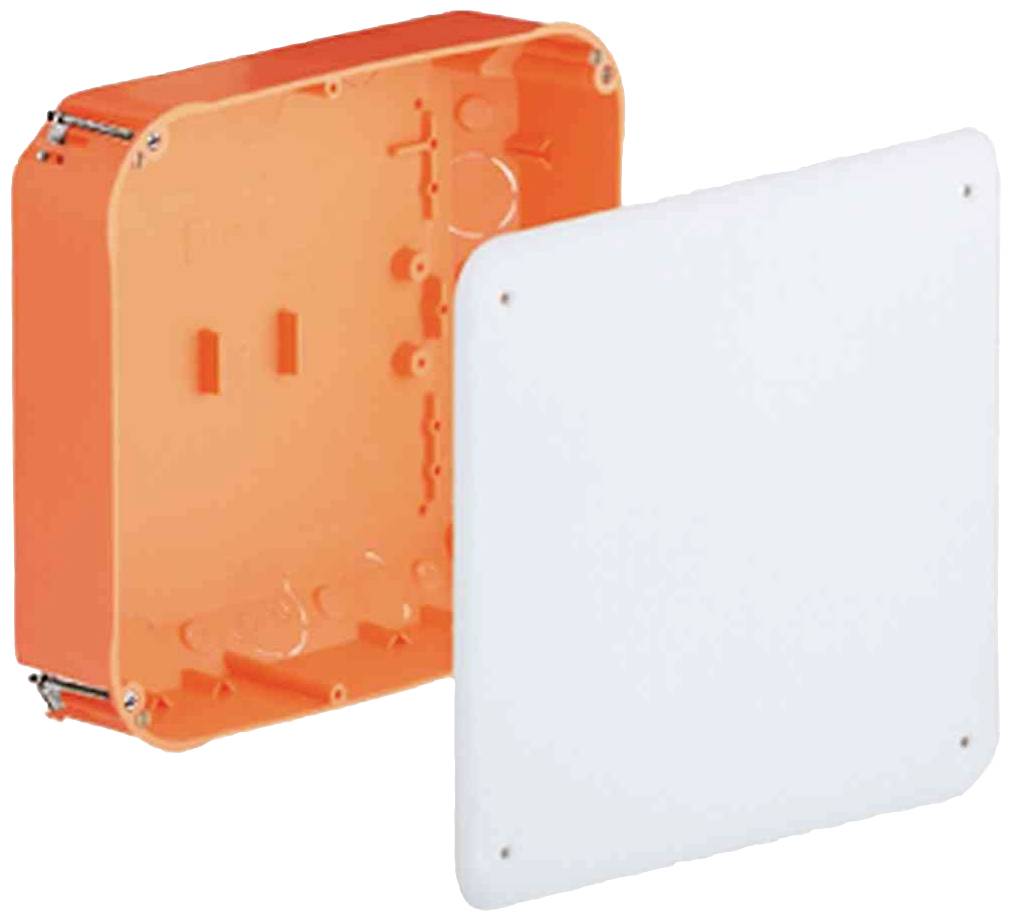 Orange Kunststoffkasten mit abgenommener weißer Abdeckung, geeignet für Elektroinstallationen, zeigt Innenstruktur und Montagelöcher.