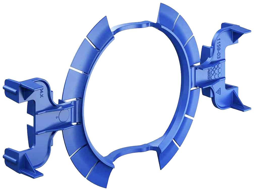 Ein blauer Kunststoffadapter mit kreisförmigem Mittelteil und seitlichen Haltevorrichtungen, möglicherweise für technische Anwendungen.