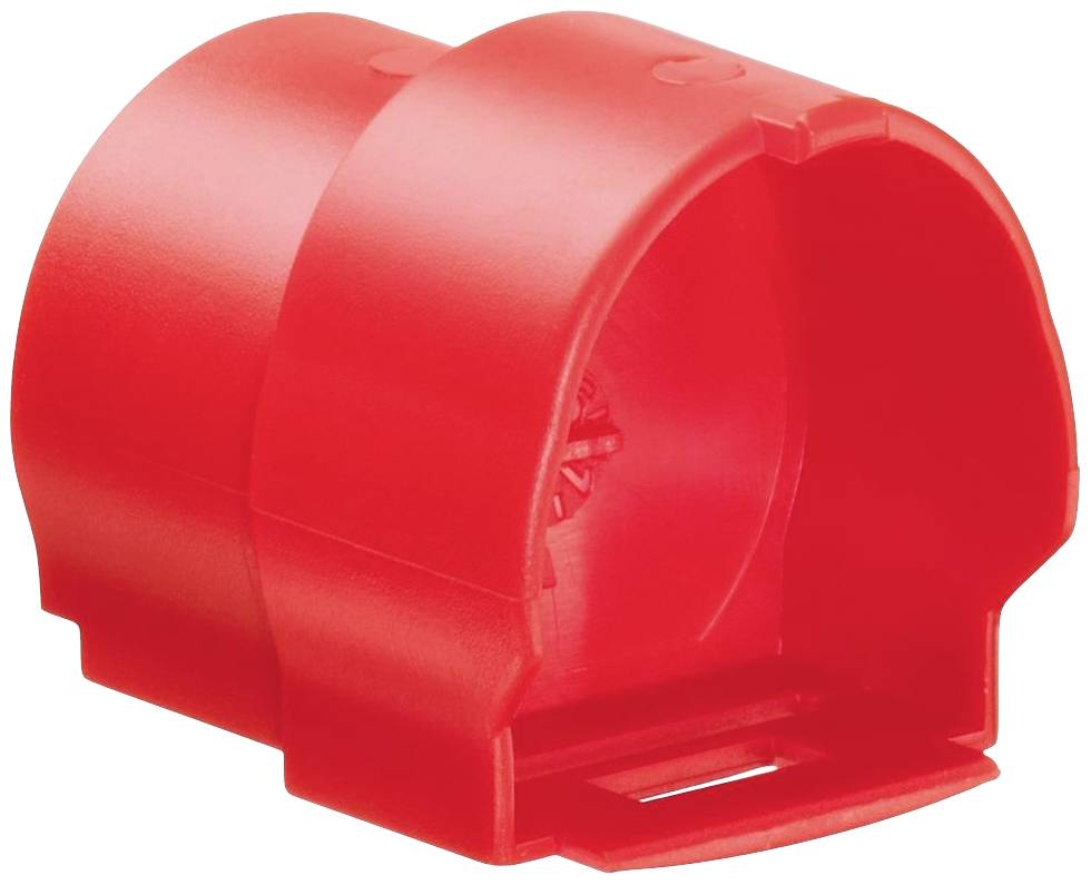 Rotes, halbzylindrisches Kunststoffgehäuse, möglicherweise Teil eines Kabelverbinders oder Anschlussbauteils.