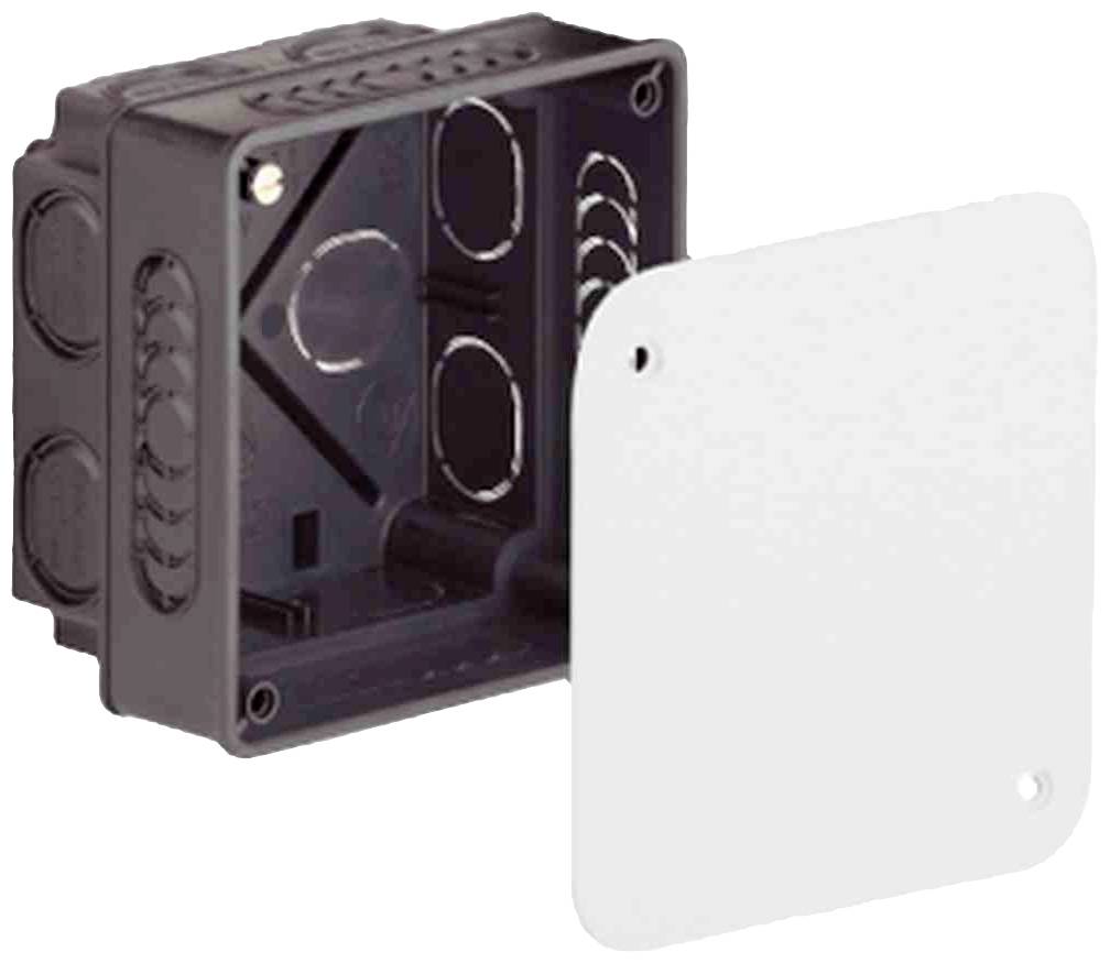 Schwarze Kunststoff-Verteilerdose mit abgenommener weißer Abdeckung, zeigt Löcher und Öffnungen für Kabelanschlüsse.