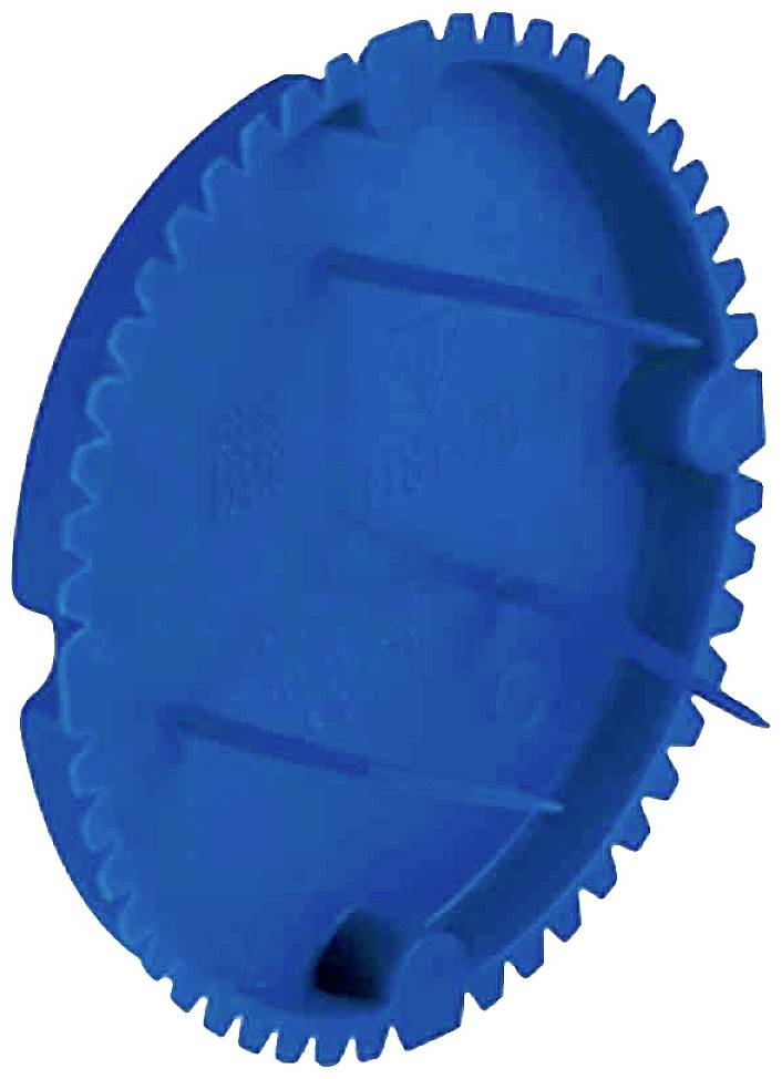 Blaues Plastikobjekt mit gezacktem Rand, das wie ein Zahnrad aussieht.