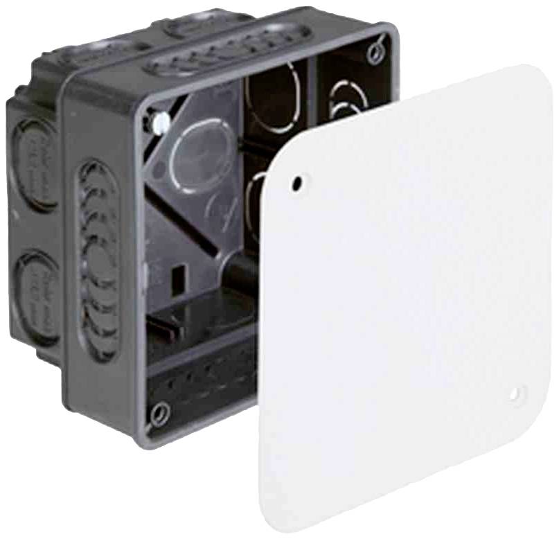 Eine quadratische, schwarze Anschlussdose mit abnehmbarer weißer Abdeckung, geeignet für elektrische Verkabelung.