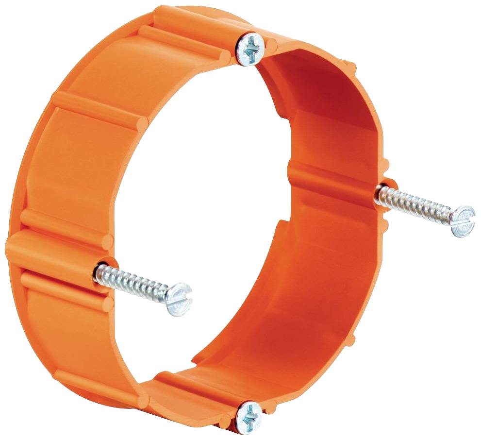 Ein orangefarbener Kabelschutzring mit zwei Schrauben, die durch ihn hindurchgehen, dient zur Befestigung an Oberflächen.