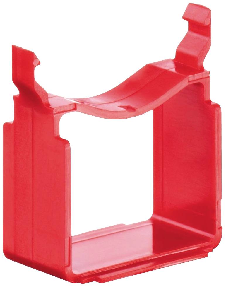 Rote Kunststoffklemme mit U-Form, geeignet zum Fixieren oder Halten von Gegenständen.