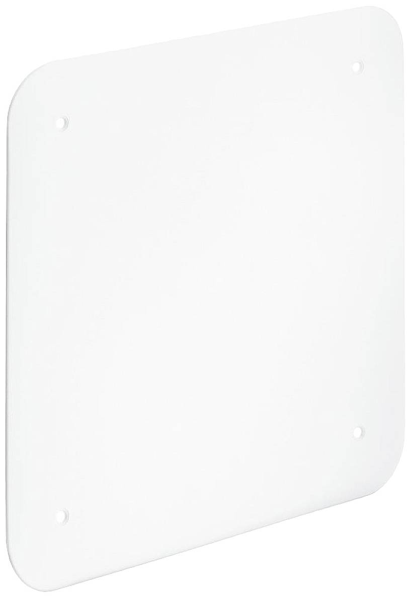 Weißes, quadratisches Kunststoffschild mit abgerundeten Ecken und vier Montagelöchern an den Ecken.