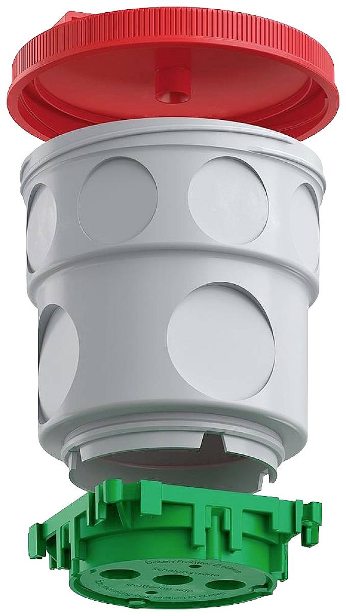 Explosionszeichnung eines Wasserfilters mit drei Teilen: roter Deckel, grauer Zylinder mit runden Öffnungen und grüne Basis.