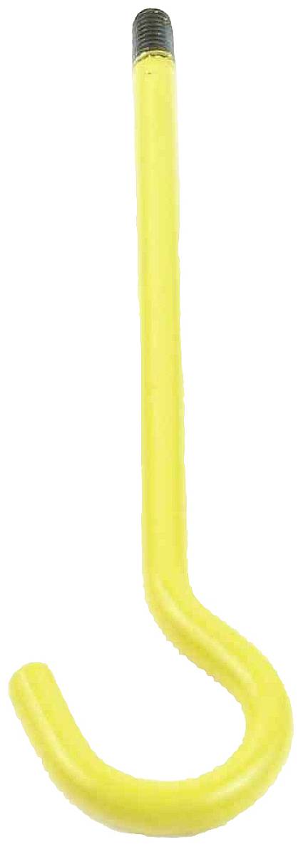 Gelber Metallschraubhaken mit gewinkeltem Ende, aufrecht stehend, vor weißem Hintergrund.