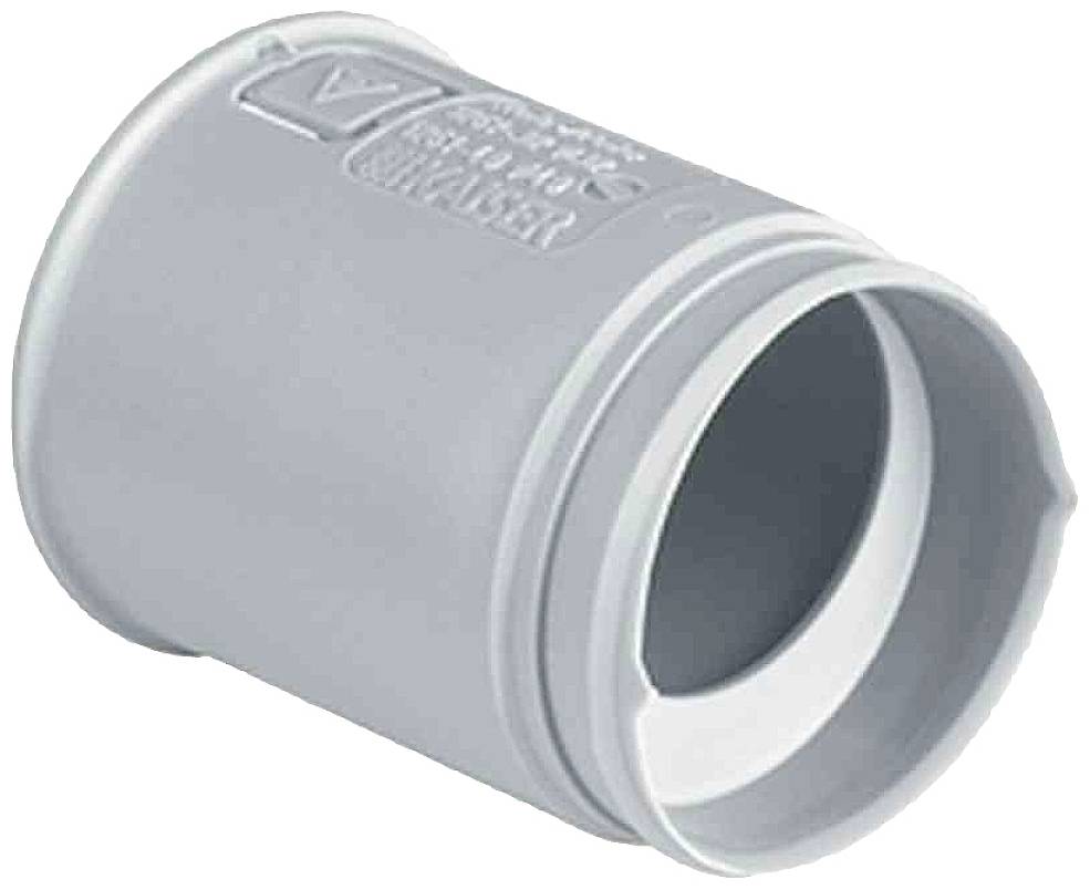 Graues Kunststoffrohrverbindungsstück mit glatter Oberfläche und Schraubgewinde an einem Ende, typisch für Sanitärinstallationen.