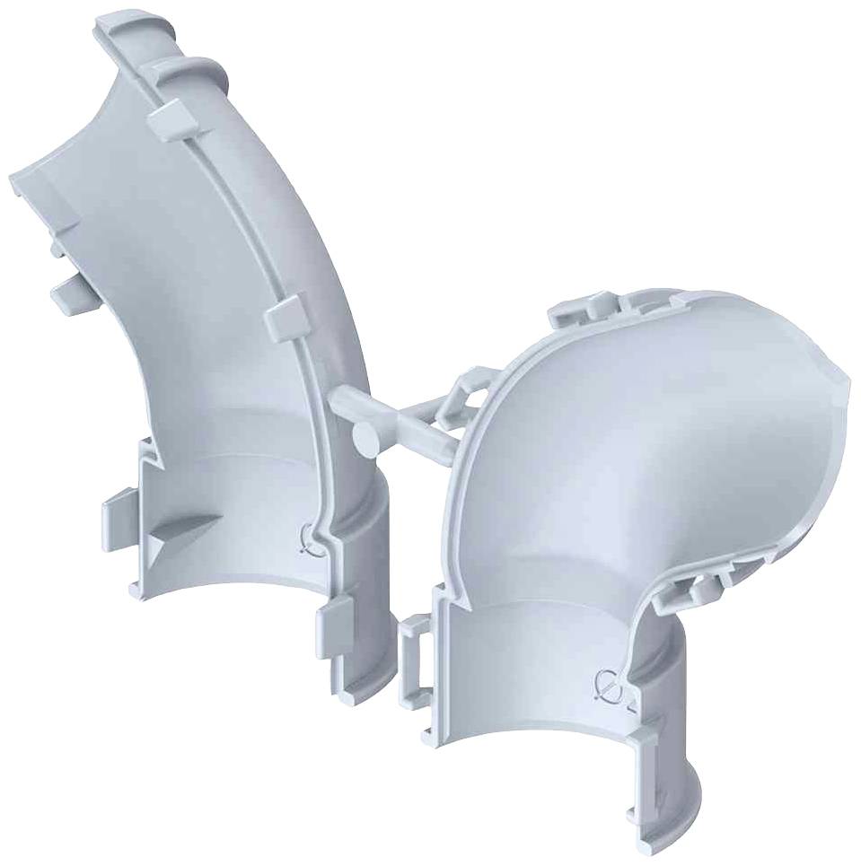 Ein geteiltes Kunststoffrohr, das zur Verbindung von Kabeln oder Leitungen dient. Es zeigt seine hohle Innenseite und Befestigungselemente.