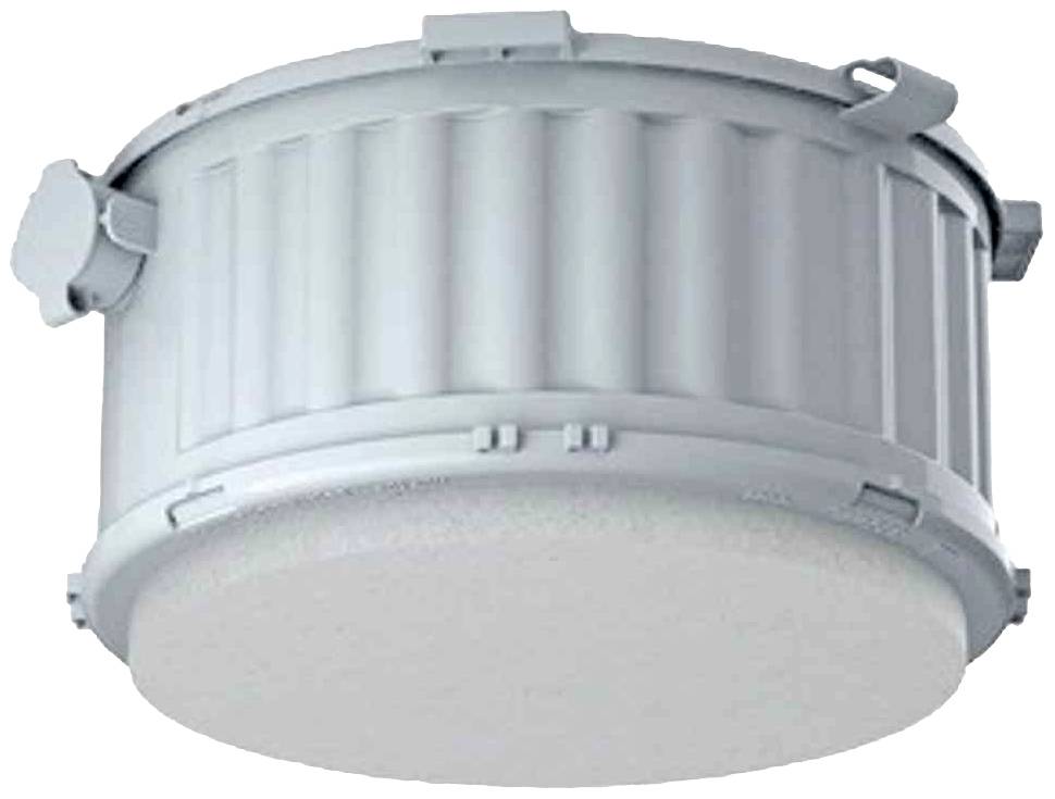 Große industrielle LED-Leuchte, rund und robust, ideal für Deckenmontage in Fabriken oder Lagern.