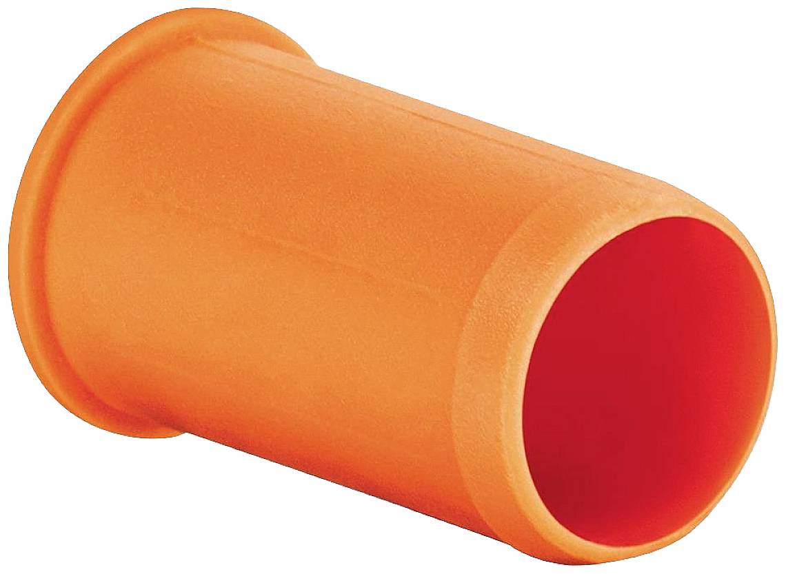 Ein orangefarbener Kunststoff-Hohlzylinder, leicht gekippt, mit glatten Kanten und gleichmäßiger Oberfläche.