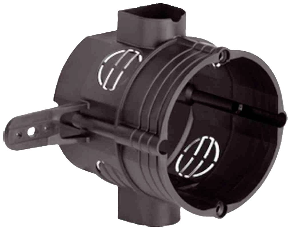 Schwarze, zylindrische elektrische Anschlussdose mit zwei seitlichen Öffnungen zur Kabelzuführung, geeignet für Unterputzmontage.