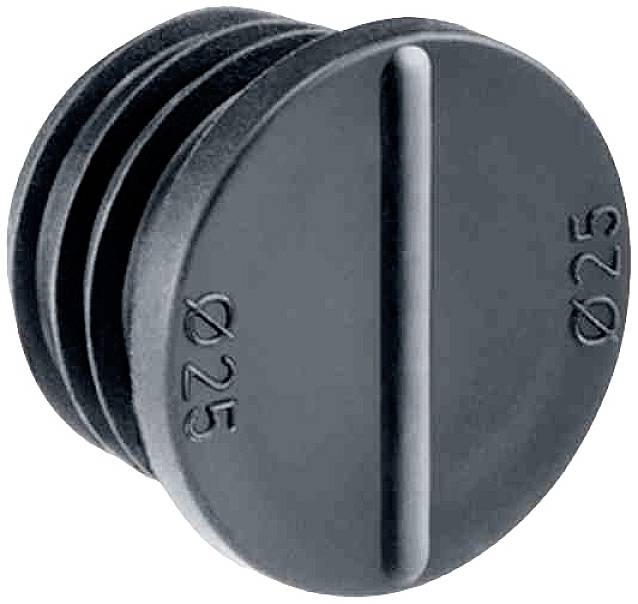 Ein schwarzer Kunststoffstopfen mit Rille und Aufschrift 'Ø25' auf der Oberseite.