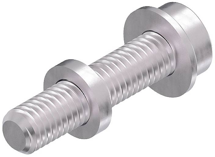 Eine silberne Schraube mit Gewinde und flachen Köpfen an beiden Enden. Sie dient zur Befestigung in Bau- und Montagearbeiten.
