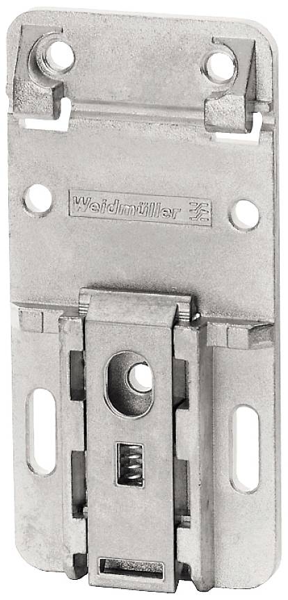 Metallklemme mit rechteckiger Basis, abgerundeten Ecken und zentralem Federmechanismus. Markenname 'Weidmüller' auf der Oberfläche.