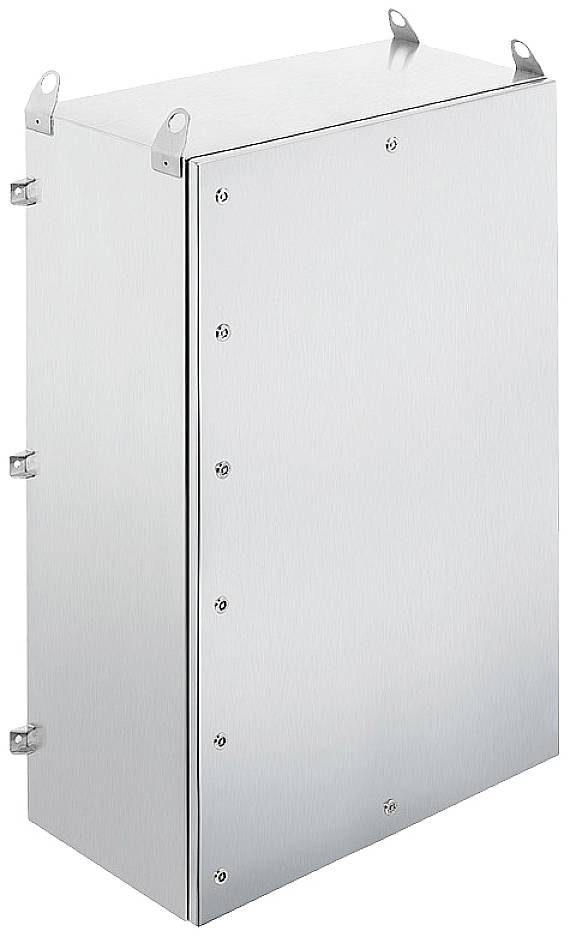 Ein rechteckiges, silbernes Metallgehäuse mit Schraubverschlüssen an den Seiten und oben, verwendbar für technische Geräte.