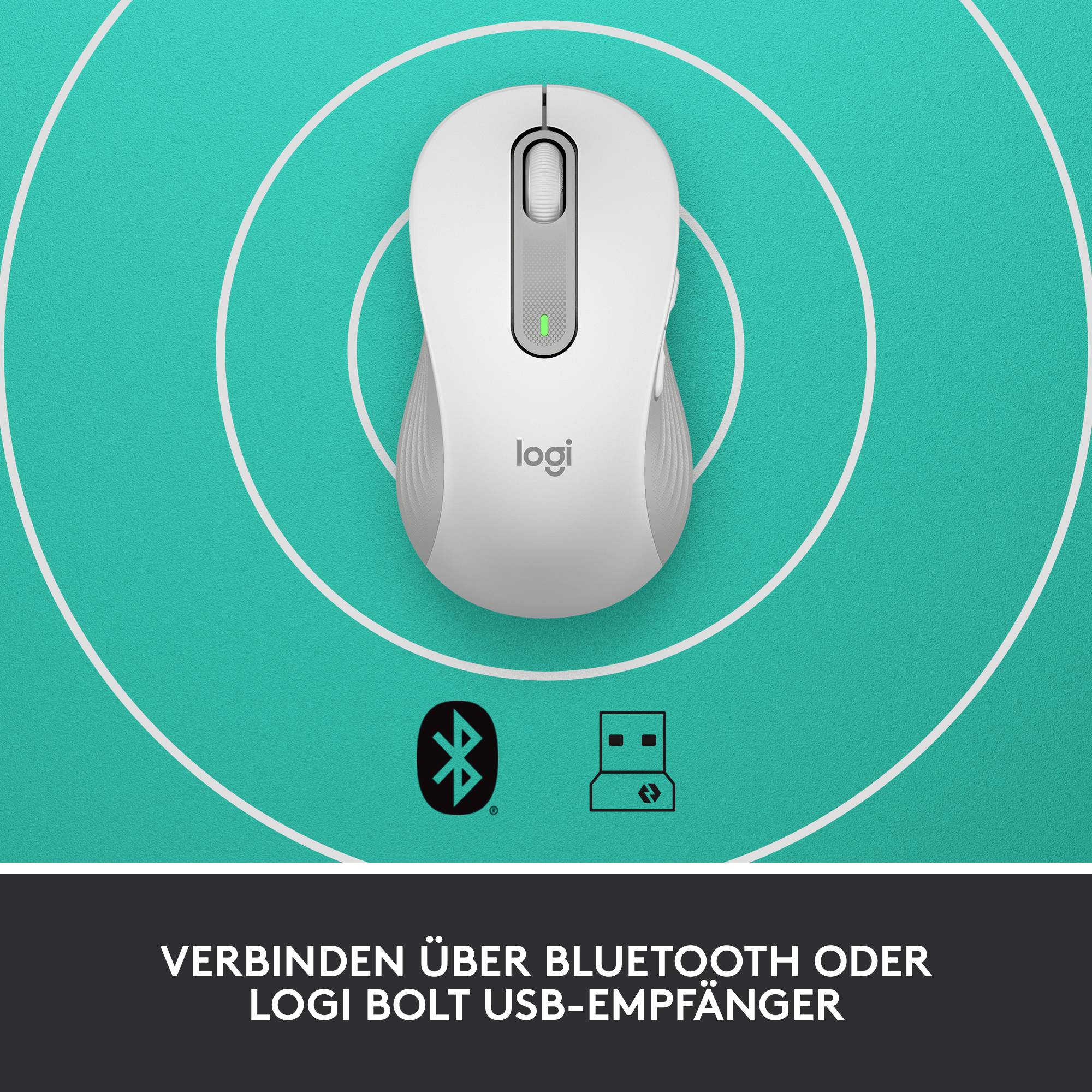 Weiße Logitech-Maus auf grünem Hintergrund, verbindet sich über Bluetooth oder Logi Bolt USB-Empfänger