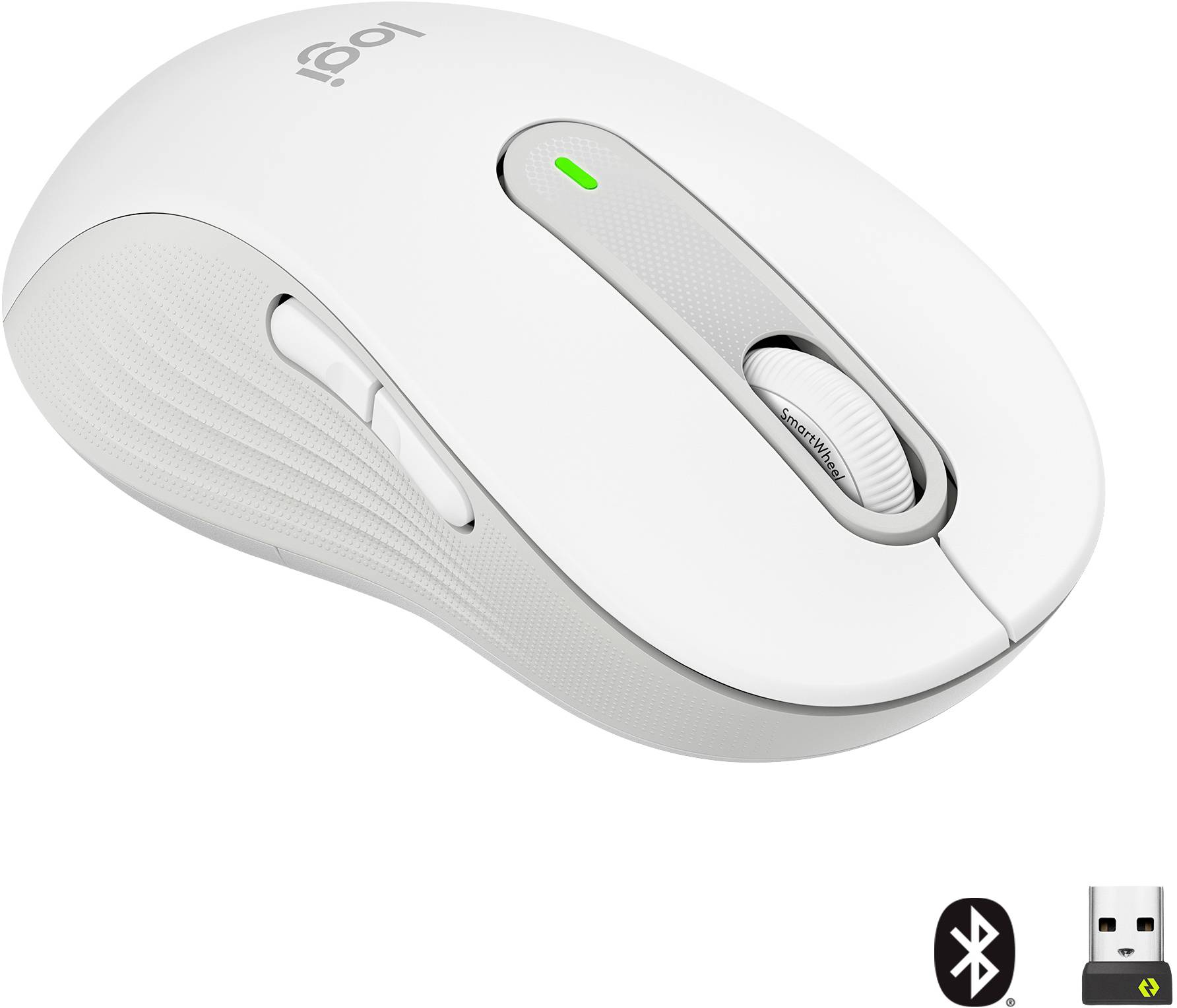 Kabellose weiße Computermaus mit einem Knopf und Mausrad auf der Oberseite. Bluetooth- und USB-Dongle-Symbole unten rechts.