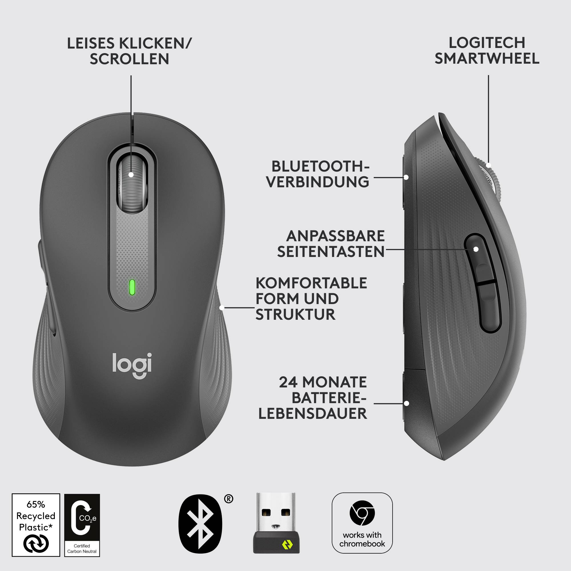 Logitech Maus mit SmartWheel, leises Klicken und Scrollen, Bluetooth, anpassbare Seitentasten, 24 Monate Batterielebensdauer.