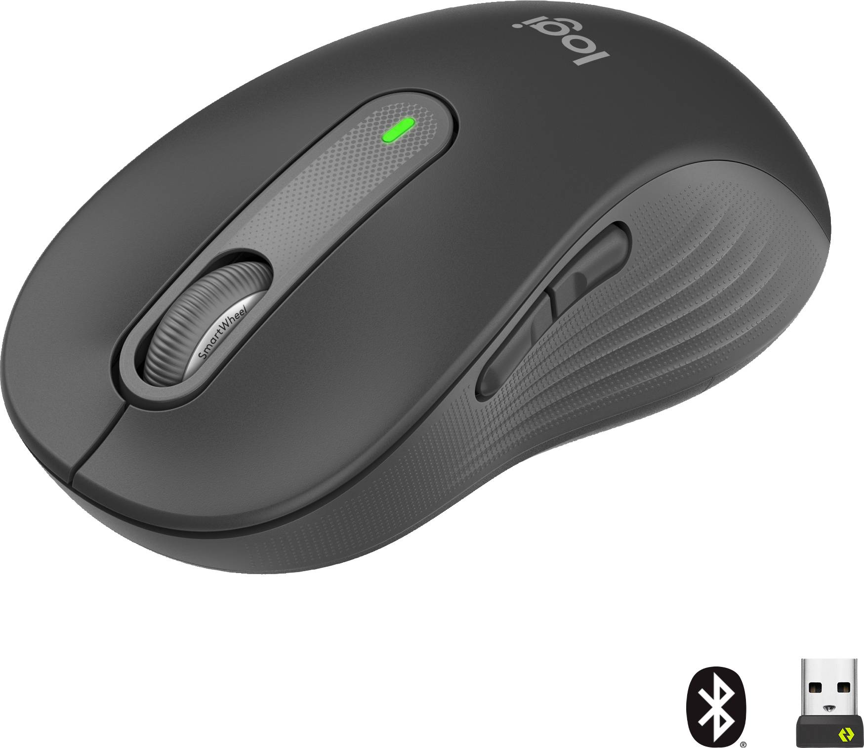 Schwarze kabellose Computermaus mit Scrollrad und zwei Seitentasten. Bluetooth- und USB-Symbol unten rechts anzeigen Verbindungsmöglichkeiten.