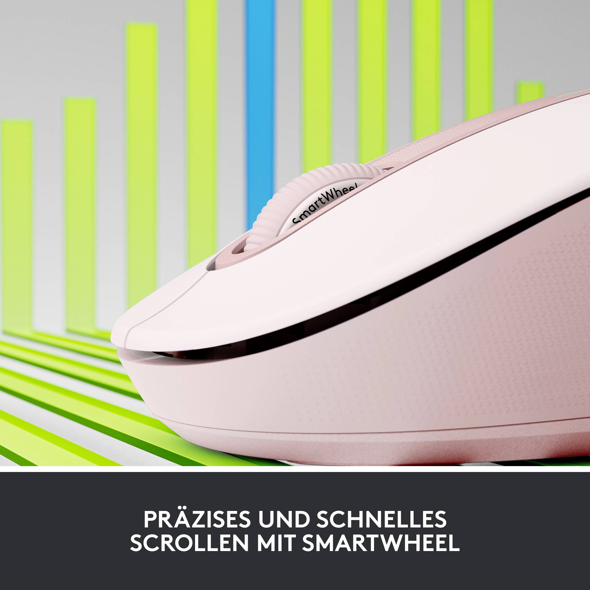 Eine Computermaus vor bunten, aufsteigenden Balken. Text: 'Präzises und schnelles Scrollen mit SmartWheel'.